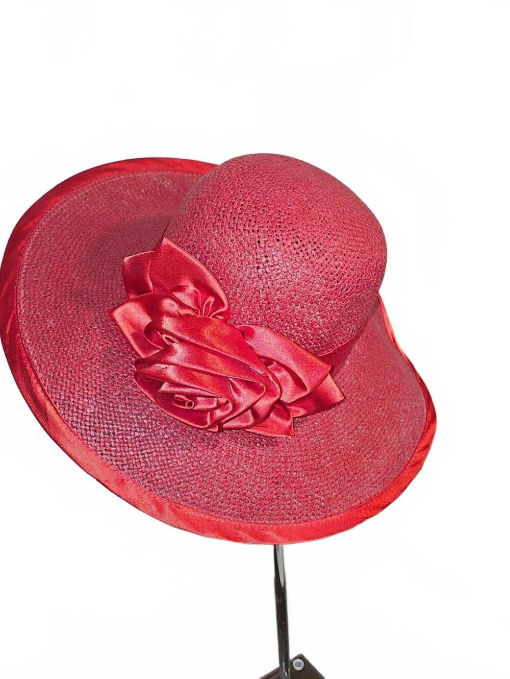 Red wide brim dress hat with satin roses